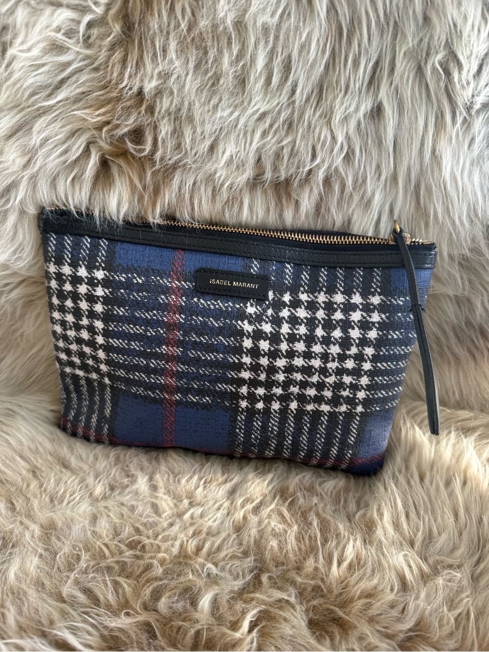 Isabel Marant Navy, Black, White Plaid Zip clutch